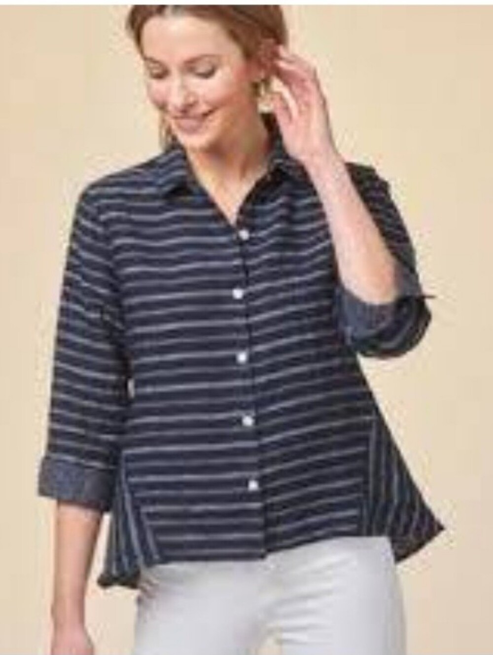 Habitat 100% Linen Lagenlook Navy& Blue Button Up Top. Size M